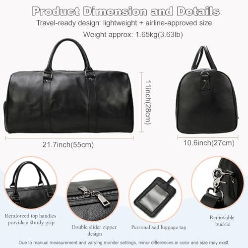 Yevabo Genuine Leather Travel Bag Large Capacity Weekender Bag for Men Women, Airplane Carry-On Luggage with Multi Compartments for Travel Gym, Black — view 2