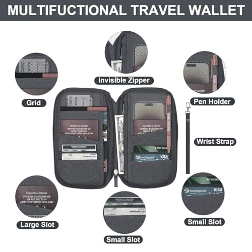Passport Holder Travel Wallet, Large Capacity Travel Document Holder, RFID Blocking Waterproof Portable Travel Wallet Organiser for Cash Passport ID Card Credit Cards Flight Ticket Pen (Light Grey) — view 3