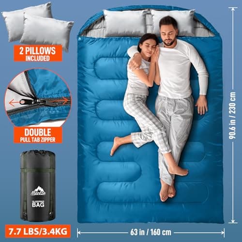 MEREZA Double Sleeping Bag for Adults Mens with Pillow, XL Queen Size Two Person Sleeping Bag for All Season Camping Hiking Backpacking 2 Person Sleeping Bags for Cold Weather & Warm (BLUE) — view 3
