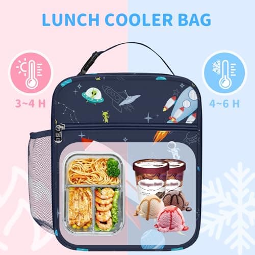 Clastyle Space Insulated Lunch Bag Star Large Thermal Cooler Bag for Kids Picnic Lunch Box Tote, Rocket — view 2