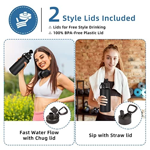 Volhoply 1 Litre Insulated Water Bottle with Straw Lid and Spout Lid,Stainless Steel Sports Water Bottle,Double Wall Vacuum Tumbler,Leakproof Metal Flask with Wide Mouth for Hiking,Camping(Black,1) — view 3