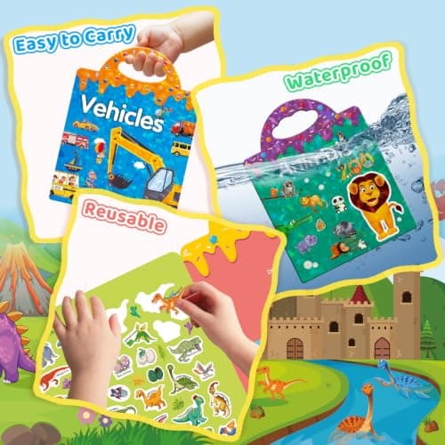 GUYUCOM 4 Pack Reusable Sticker Books, Toddler Travel Toys, 3D Clear Animal Vehicles Space Dinosaur Sticker Book, Suitable for Children's Educational Learning Toy Birthday Gifts — view 4