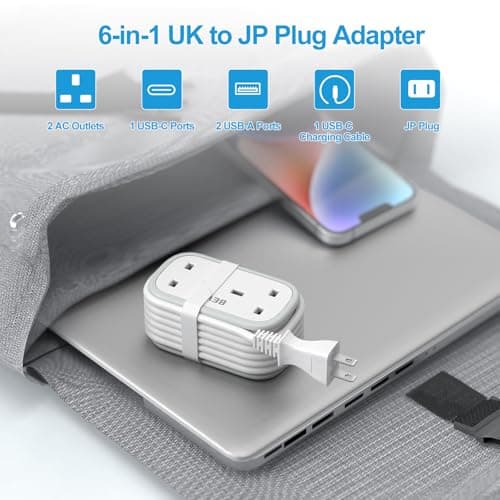 UK to Japan Plug Adapter with 1.5M Extension Cable, BEVA 2 Way 3 USB (2A+1C) Power Adapter with Retractable USB C Cable for Japan Travel (Type A) — view 2