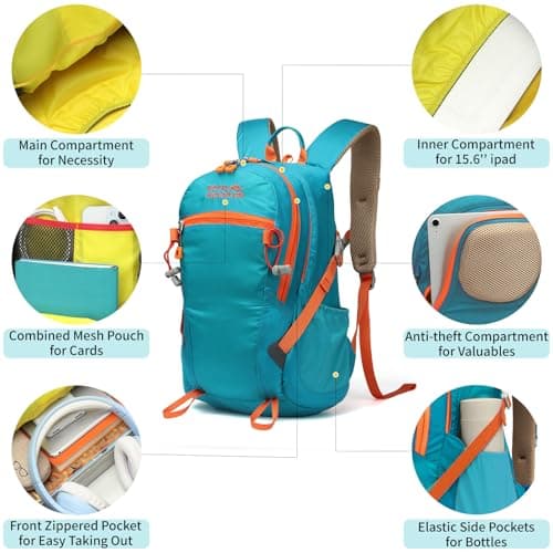 Lightweight Hiking Backpack, 30L Women/Men Waterproof Travel Rucksack Bag with Rain Cover, Outdoor Small Foldable Daypack for Student, Fit for 15.6 inch Laptop(Lake Blue, 30L) — view 5