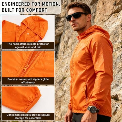 ADUDVLO Men's Lightweight Waterproof Jacket with Pockets, Packable Hooded Windproof Rain Jacket for Travel, Running & Hiking – Includes Carry Pouch (UK, Alpha, XS, Regular, Regular, Orange) — view 5