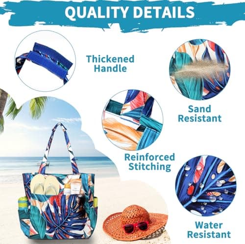 Kasgo Medium Beach Bags for Women with Zip, 22L Holiday Tote Bag Palm Leaf — view 5