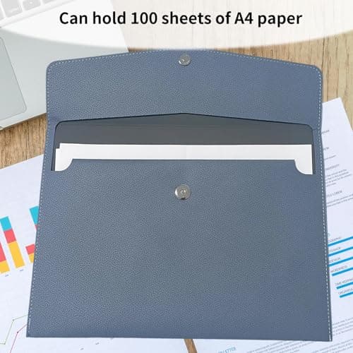YSDINK PU Leather A4 Document File Folder, Portable and Waterproof File Organizer with Magnetic Snap Closure, Envelope Storage Bag for Office, Home, School, Travel and Business Use (Gray Blue) — view 4