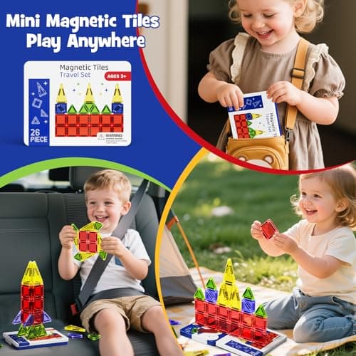 Travel Magnetic Tiles, 26-piece Mini Magnetic Tile Blocks, STEM Travel Magnet Building Tile Set with Iron Box for 3+ years old boys girls Montessori Travel Toys — view 3