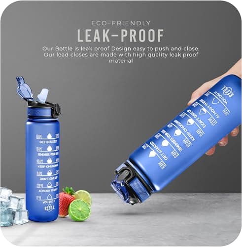 Roe Tenpo Sports Water Bottle with Straw and Time Marking, and 32OZ Capacity - Motivational and Eco-Friendly BPA-Free Bottle for Running, Gym, Yoga, Outdoors, and Camping (Style-1, Blue) — view 4