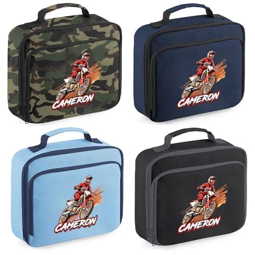 Red Personalised Dirtbike Lunch Bag for Kids Off Road Motorbike Back to School Nursery Lunchbox, 24cm x 20cm x 8cm, Navy — view 3