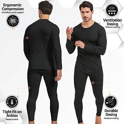 UNIQUEBELLA Functional Underwear Men's Set Breathable Ski Underwear Men Winter Thermal Underwear for Jogging, Cycling, Football, Skiing, Motorcycle, Warm, Pure Black, L — view 3