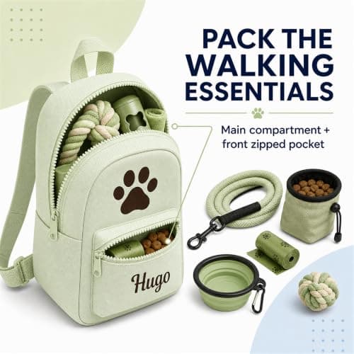 Hoolaroo Personalised Dog Bag Dog Walking Rucksack Doggy Daycare Backpack 35x23cm – Custom Name Pet Travel Organiser for Walks, Daycare, Hikes – Lightweight, Durable & Water-Resistant, Green — view 4