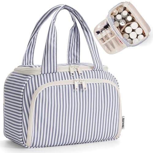 Narwey Large Toiletry Bag for Women, Travel Wash Bag Women for Full Size Toiletries, Wide Open Toiletries Bag Makeup Cosmetic Organizer Bag for Essentials Accessories (Greyish Blue Stripe)