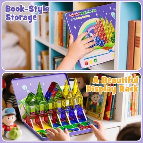 Magnetic Tiles STEM Toy for Kids: 60pcs 5cm Travel Building Kit & Tin Base — view 3