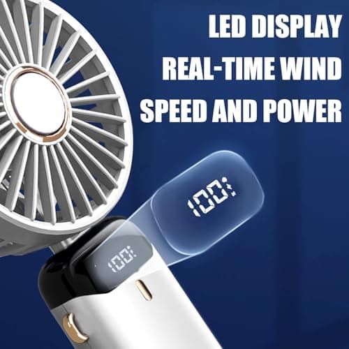Jsdoin Hand Held Fan,Portable Handheld USB Rechargeable Fans with 5 Speeds,Battery Operated Mini Fan Foldable Desk Desktop Fans with LED Display for Home Office Bedroom Outdoor Travel (White) — view 2