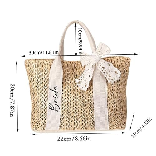 Ameble Lightweight Waterproof Boho Woven Bride Beach Bag with Lace Bow, White Crochet Tote Purse for Vacation, Honeymoon, Summer Travel, Bridal Shower Accessory — view 3