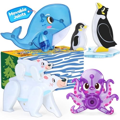 Oriate Magnet Animal Toys for Magnetic Tiles, 6pcs Arctic Animals for Magnetic Blocks, Movable Joint Octopus Penguin Polar Bear Whales for Kids, STEM Educational Montessori Travel Toys