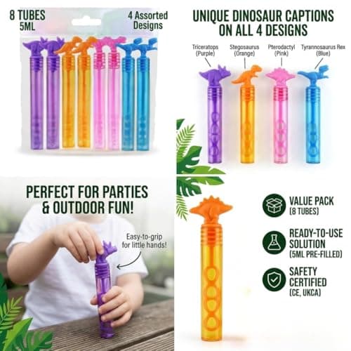 TC TOYS - 8 Pack Dinosaur Bubble Wands for Kids - Dino Party Bag Fillers, Toddler Birthday Favors & Small Stocking Fillers - 5ml Mini Bubble Tubes in 4 Assorted Designs — view 4