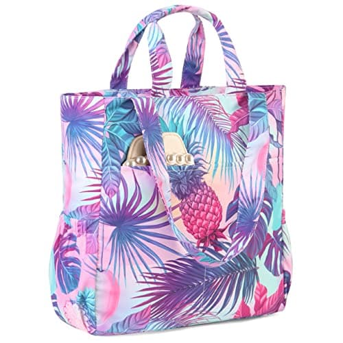 VASCHY Beach Bag for Women, Floral Lightweight Shoulder Tote Bag Foldable Water Resistant Sandproof Handbag Pool Gym Bag with Zip and Multi-pockets for Vacation, Travel(Purple Pineapple)