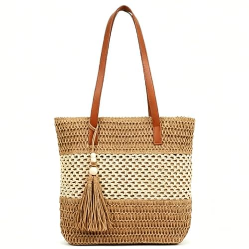 unisoul Straw Beach Bag for Women, Hand-Woven Summer Tote Bag with Zip, Lightweight Shoulder Handbag for Holidays, Travel & Daily Use, Khaki