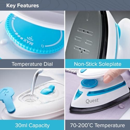 Quest Mini Travel Iron/Steam Travel Iron with Temperature Control/Non-Stick Soleplate / 30ml Water Tank/Measuring Cup Included / 408W Power — view 3