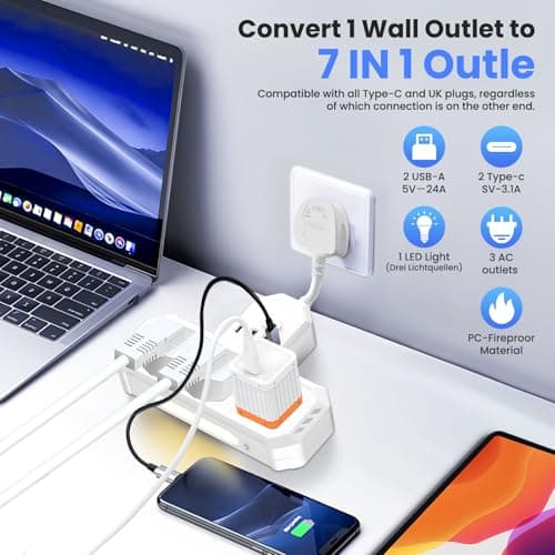 Multi Plug Extension Socket with USB C, 3 Way Plug Adaptor With Nightlight, Short Cord Power Strip with 2USB & 2USB-C Ports, Plug Adapter UK Multi Plug Adaptor with Flexible Plug For Home Office White — view 2
