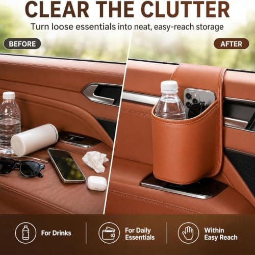 PU Leather Car Door Cup Holder, Wide-Mouth Organizer for Drinks and Phone (2pcs Brown) — view 4