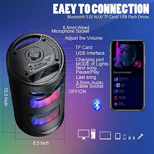 BabYoung Portable Bluetooth Speaker, 30W Wireless Speaker with Double 4'' Full range Stereo Sound, Mixed Color LED Lights, Remote, Supports EQ, TWS, USB, TF, AUX, Loud for Travel, Home, Party(1 Pcs) — view 3