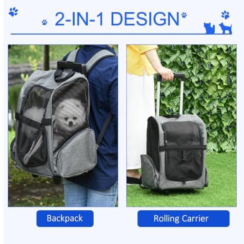 PawHut 2 in 1 Dog Backpack and Trolley, Pet Travel Backpack, Grey — view 4