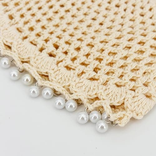 Julpsk Women's Lightweight Handmade Crochet Hat Boho Pearl Trim Beanie Cap for Beach Travel, 2 Beige, One Size — view 4
