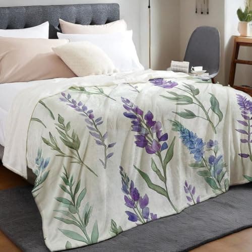Fleece Flannel Throw Blanket for Bed Sofa Travel Soft Microfiber Blanket for Adults Kids Lightweight Green plants and lavender 70 x 100 cm — view 3