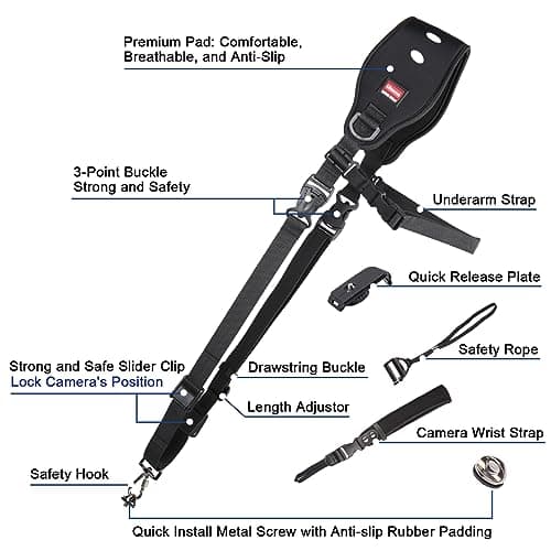 Lifuncren Camera Strap with Camera Wrist Strap Set, Quick Release Camera Shoulder Strap with Safety Tether and Quick Attach Plate, Adjustable Camera Neck Strap for DSLR SLR Camera — view 5