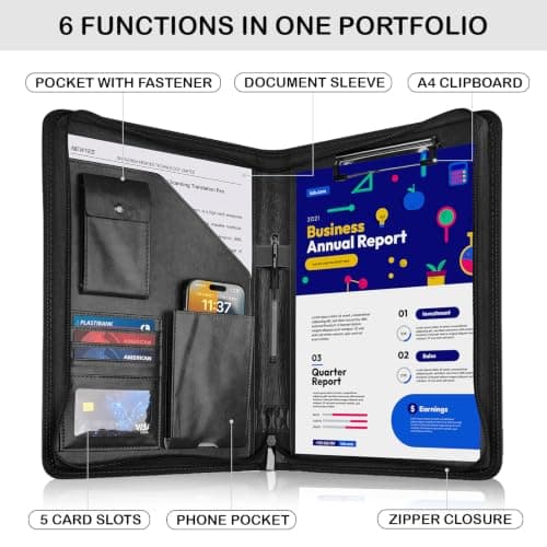 NEWYES PU Leather Zipper Conference Folder A4, Gifts for Men & Women, Travel Document Portfolio, Personal Agenda Organizer Folder, Black — view 2