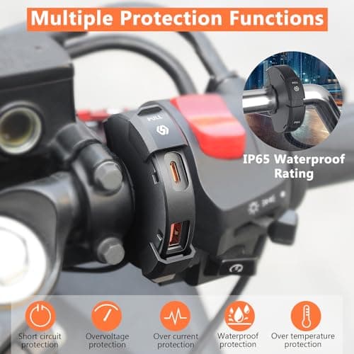 Motorcycle Charger 18W QC3.0 USB and 30W PD Type C Dual USB Port Waterproof Motorbike Phone Charger 12V USB Socket Adapter with 5A USB C to USB C Spring Cable Cable — view 3