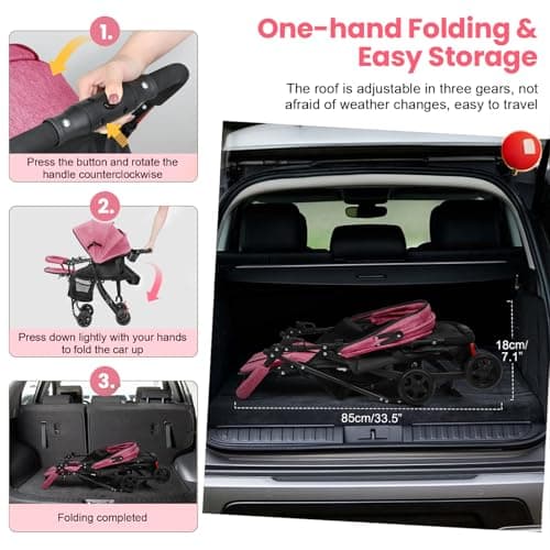 Travel Baby Stroller, Baby Pushchair Up to 10kg Buggy One-Hand Folding Infant Pushchair with Adjustable Backrest, Canopy, Storage Basket for 0-2 Years Toddlers (Pink) — view 3