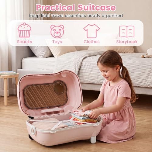 COSTWAY Kids Ride-on Luggage, 2-in-1 Children Suitcase (Pink+Brown) — view 3