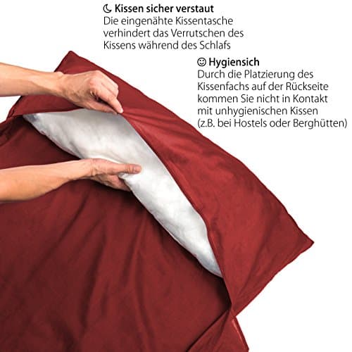 Outdoro Travel Sleeping Bag, Ultra-Light Travel Sleeping Bag, Only 350 g Made of Pure Cotton with Pillow Compartment Thin & Small Lining, Travel Sheet, red — view 4