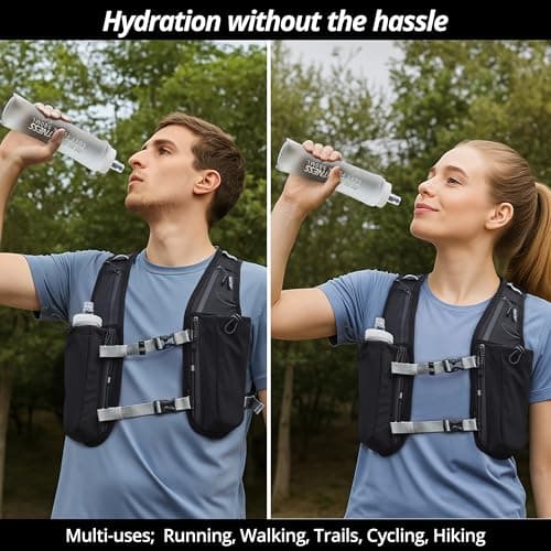 Running Hydration Vest for Women and Men. Reflective, 8 Pocket, Quick dry, Water-Resistant, Breathable, 1.5L, Adjustable Backpack for Runs, Hiking, Cycling, Trails, Marathons (with 2x 500ml soft flask — view 2