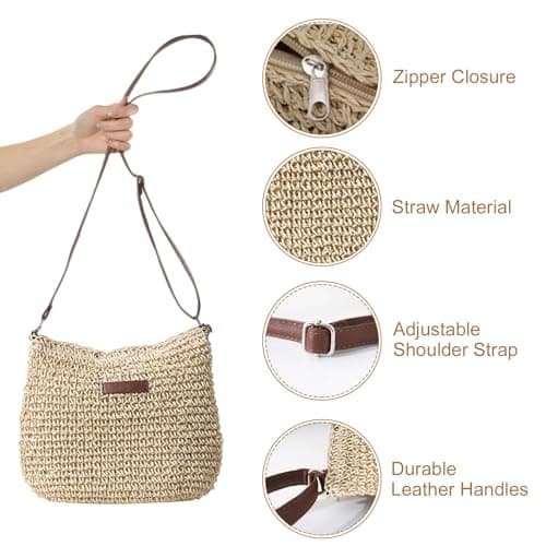 Businey Straw Bag for Women, Summer Straw Beach Crossbody Bags for Women with Zipper Adjustable Strap, Bohemian Weave Handmade Shoulder Handbags for Holiday Beach Travel — view 4