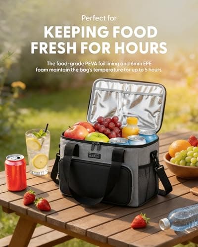 KEPLIN Insulated Cooler Bag 16L Waterproof & Leak Resistant with Shoulder Strap, Side & Front Pockets Portable Lunch Box for Picnic, Camping, Beach, Travel & BBQ, Outdoor Use, (30 x 23 x 23 cm), Grey — view 4