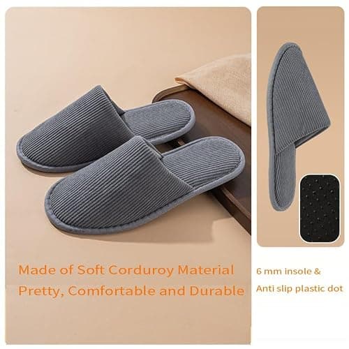 EQLEF 2 Pairs Washable Guest Slippers for Home, Hotel & Travel Premium Corduroy Indoor Slippers Non-Slip Lightweight Spa Slippers for Women and Men (Gray and brown for Men in UK size 6-9) — view 3