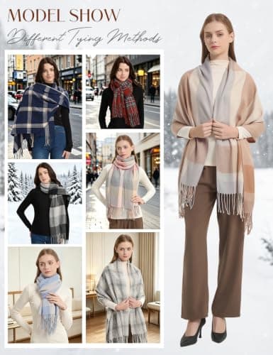 Vijamiy Womens Winter Scarf, Soft Checked Tartan Scarf for Women, Long Warm Shawl Wrap with Tassels, Lightweight Ladies Scarf for Autumn Winter, Brown & Light Blue — view 5