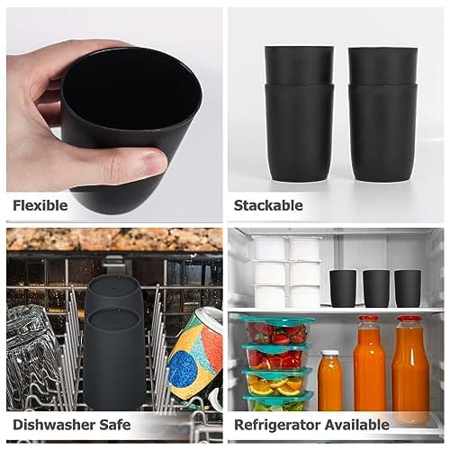 Qulable Plastic Cups Reusable Unbreakable Tumblers, Set of 4 Travel Mugs, Mouthwash Bathroom Cup Stackable, Plastic Water Cup 280ml for Adults Kids, Dishwasher & Microwave Safe (Black) — view 3