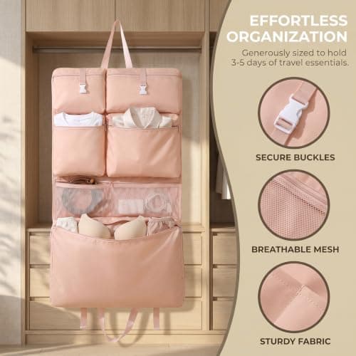 NIFTYY 6-in-1 Hanging Travel Organiser Bag with Waterproof Compartments – Foldable Luggage Storage Packing Cubes for Clothes – Portable Hanging Wardrobe for Business Trips (pink) — view 5