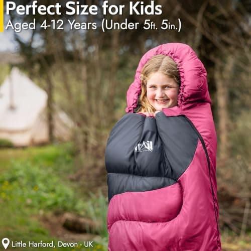 Trail Kids Sleeping Bag Mummy Shape 3 Season Camping 300gsm Boys Girls with Lightweight Rucksack Bag (Pink) — view 2