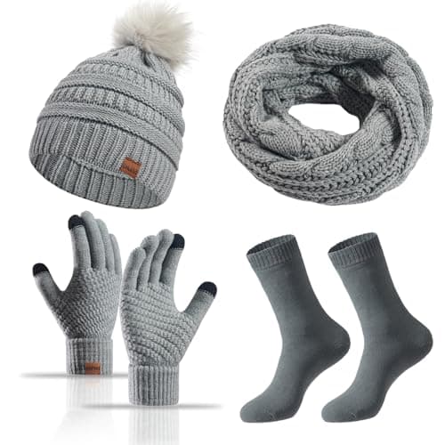 MAZELIKEHOOD Hat Scarf Gloves Set for Women 4Pcs Winter Ladies Warm Knitted Beanie Hat Gloves Socks Scarf Neck Warmer 4 in 1 Cold Weather Set