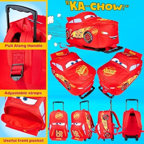 Disney Cars Backpack for Kids, 2-in-1 Lightning McQueen Trolley Bag for School & Travel, Compact Small Suitcase with Wheels (Red Lightning Mcqueen) — view 4
