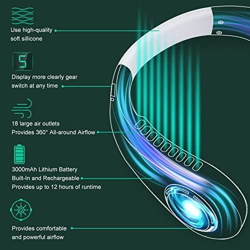 Neck Fan, Portable Neck Fans Rechargeable, 5 Speeds USB Personal Bladeless Fan 3000mAh Battery, Wearable Hands-Free Cooling Fan for Men & Women, Leafless Hanging Mini Fans for Outdoor Travel (White+) — view 2