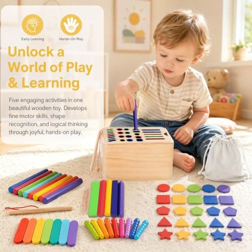 KASURE Montessori Wooden Toddler Travel Toys for 3+ Year Old Boys Girls, 5 In 1 Color Montessori Toys Educational Stocking Fillers Color Sorting Wooden Learning Toys for Boys Girls — view 5