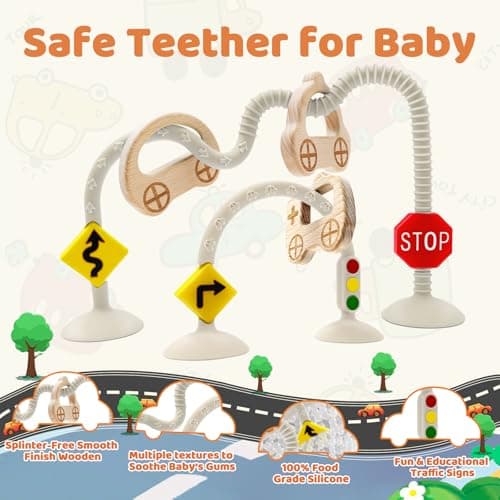 Infant Relief Sensory Toys for Babies 6 7 8 9 12 Months, Suction Cup High Chair Toys for Toddlers, Silicone Travel with Car Wooden Ring for Traffic Cognition Enlightenment Gifts — view 3